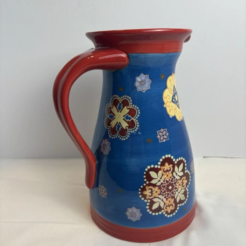 Dutch Wax Coastline Imports Floral Ceramic Pitcher Hand Painted Boho 9.5”